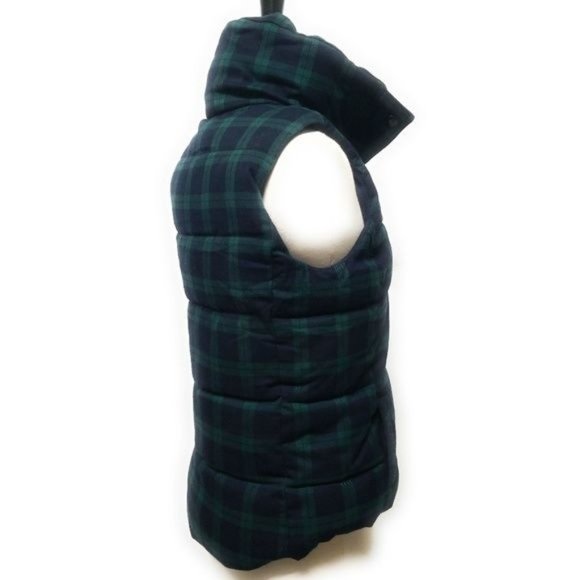 Old Navy Midnight Navy Blue & Green Tartan Plaid Thick Puffer Vest Womens Size X - Picture 8 of 8